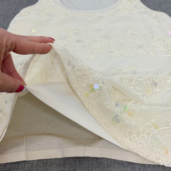Express Ivory Sequin‎ Tank Top Floral Lace Detail XS Scoop Neckline Cotton Poly - Picture 6 of 12